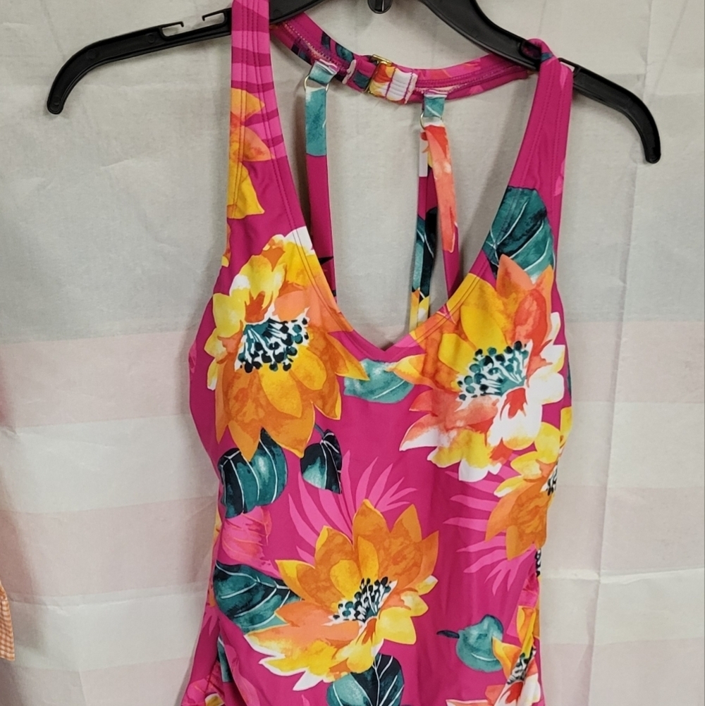 Kona Sol Pink Tropical Floral One Piece Suit 14W
